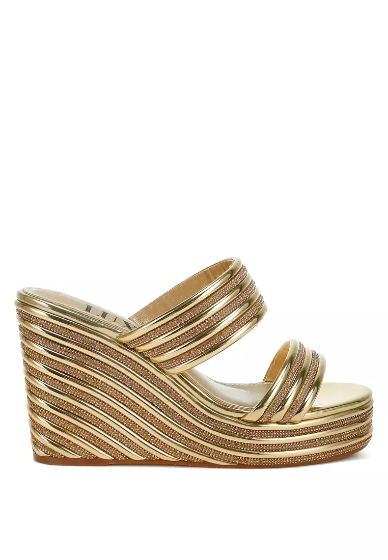 Discount on London Rag  shoes - SKU: Metallic Faux Leather Wedge Sandals in Gold