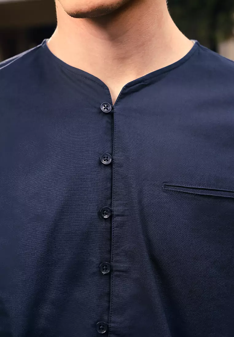 OXCON kemeja Vneck Henley Collarless shirt Navy Blue