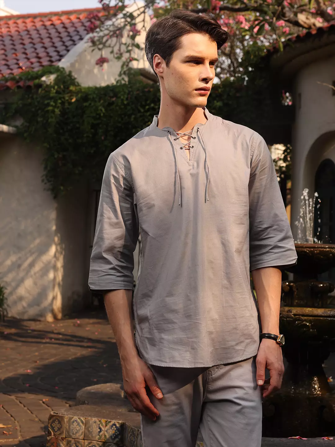 OXCON ZUHUD Kemeja koko Modern Linen Look Collarless Shirt Smoke Grey