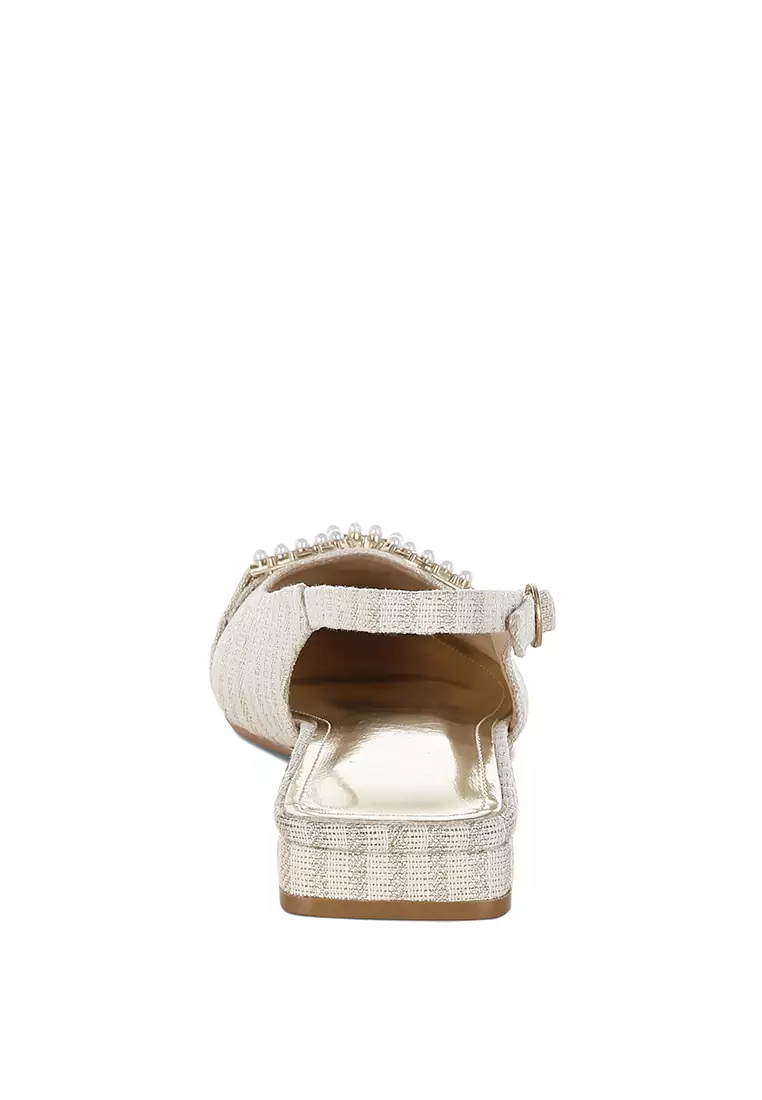 Pearl-Detailed Horsebit Woven Flats In Gold