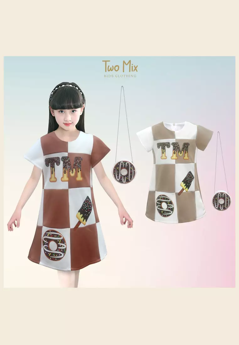 TWO MIX - Baju Anak Perempuan Print Donut - Dress Anak Gratis Tas Donut Lucu 1-8 Tahun 4297