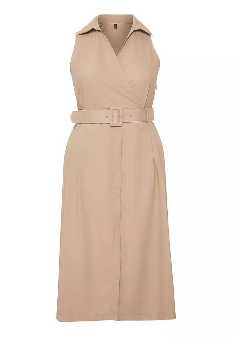 Beige Belted Summer Woven Plus Size Dress Tbbss25Ah00198