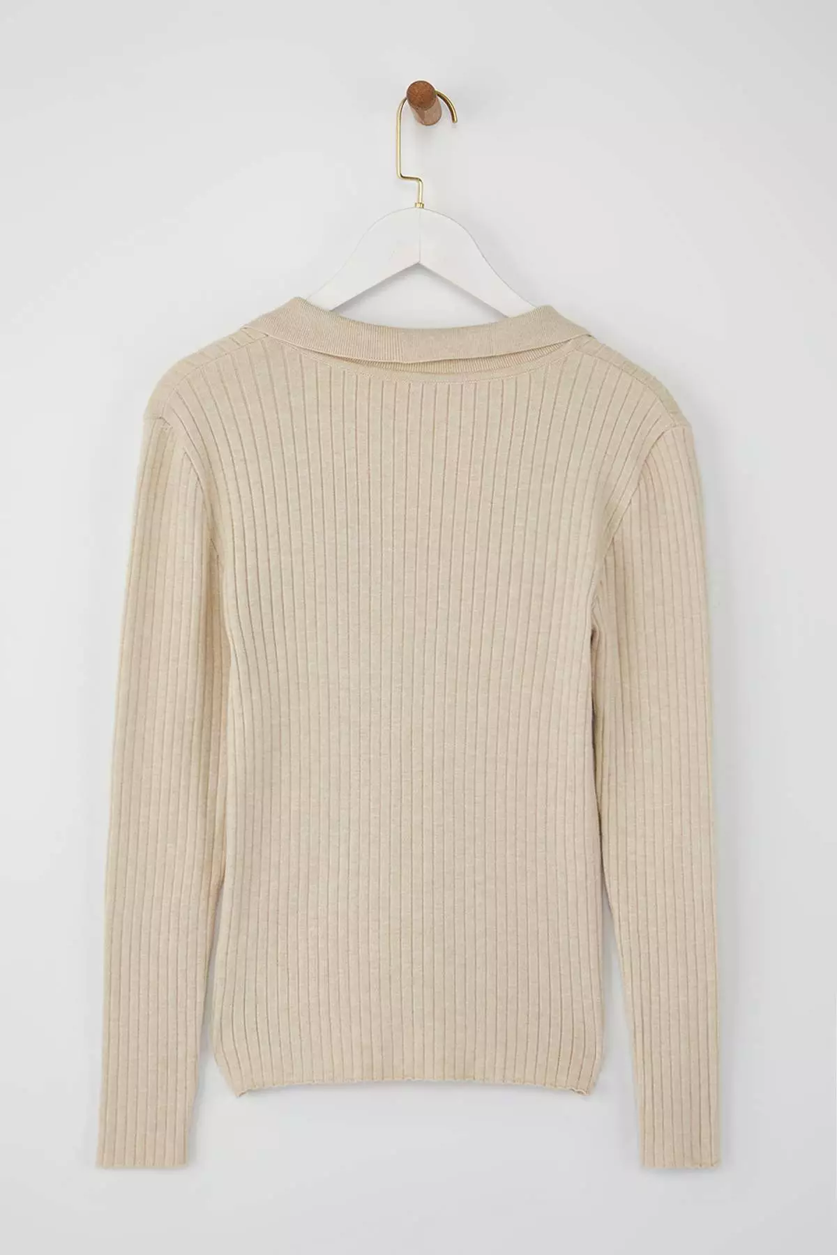 Wardrobe Essentials Stone Premium Yarn Polo Neck Ribbed Knit Sweater | Twoaw26Kz00077
