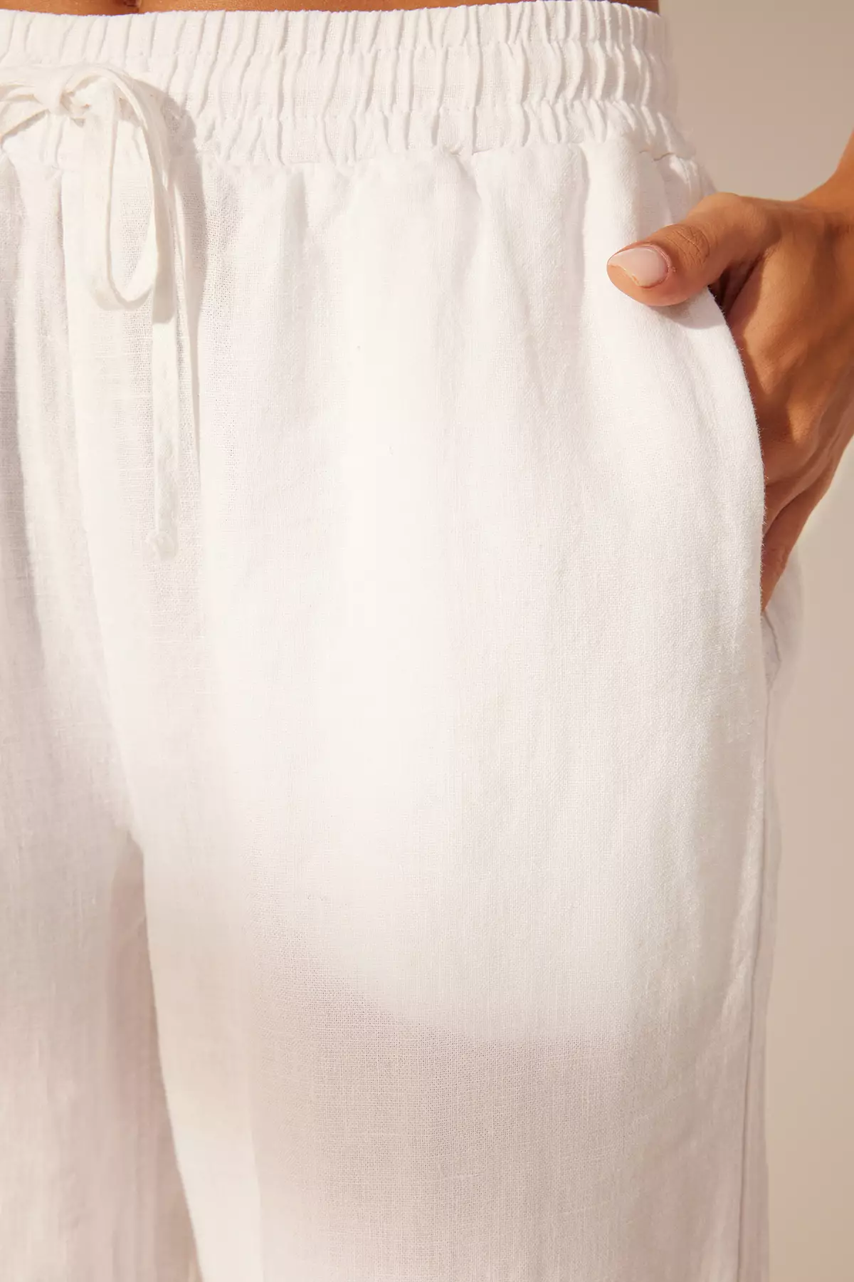 White Elastic Waist High Waist Wide Leg Trousers