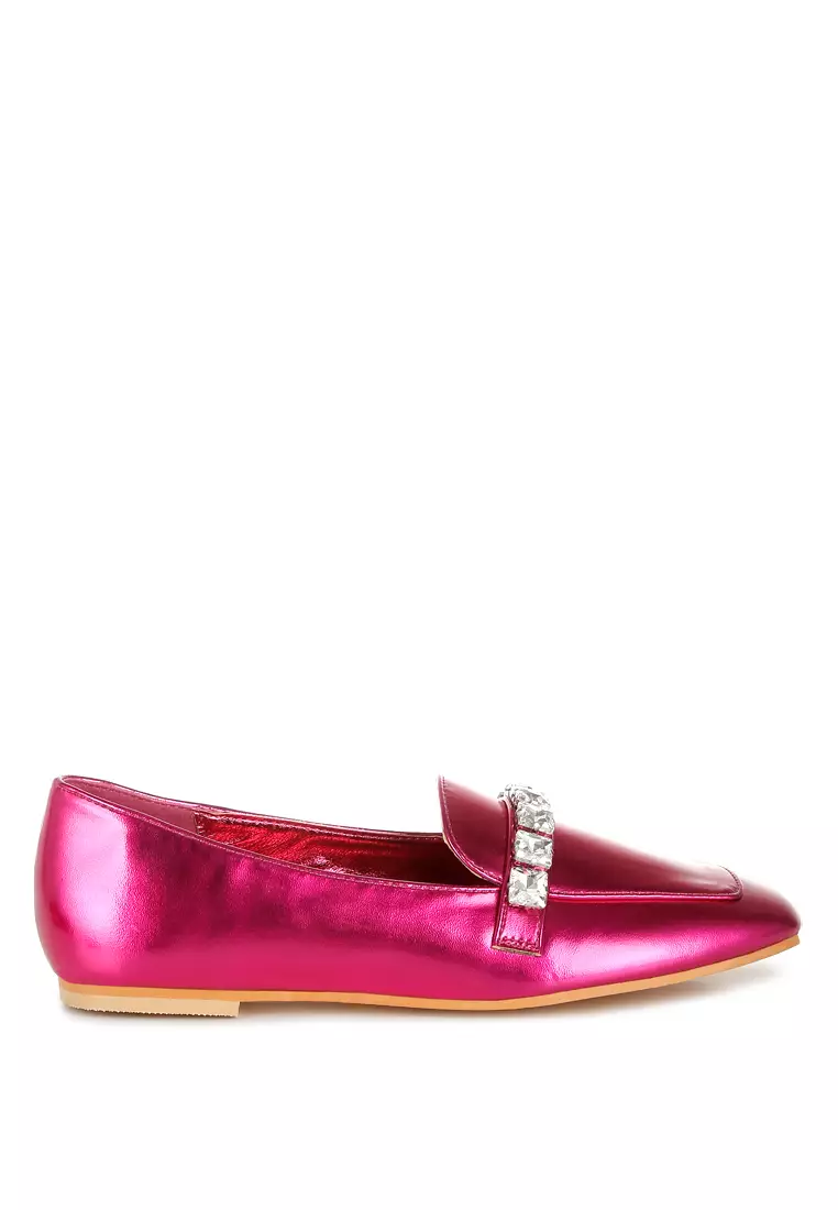 Discount on Rag & CO.  shoes - SKU: Metallic Diamante Strap Loafers In Fushia