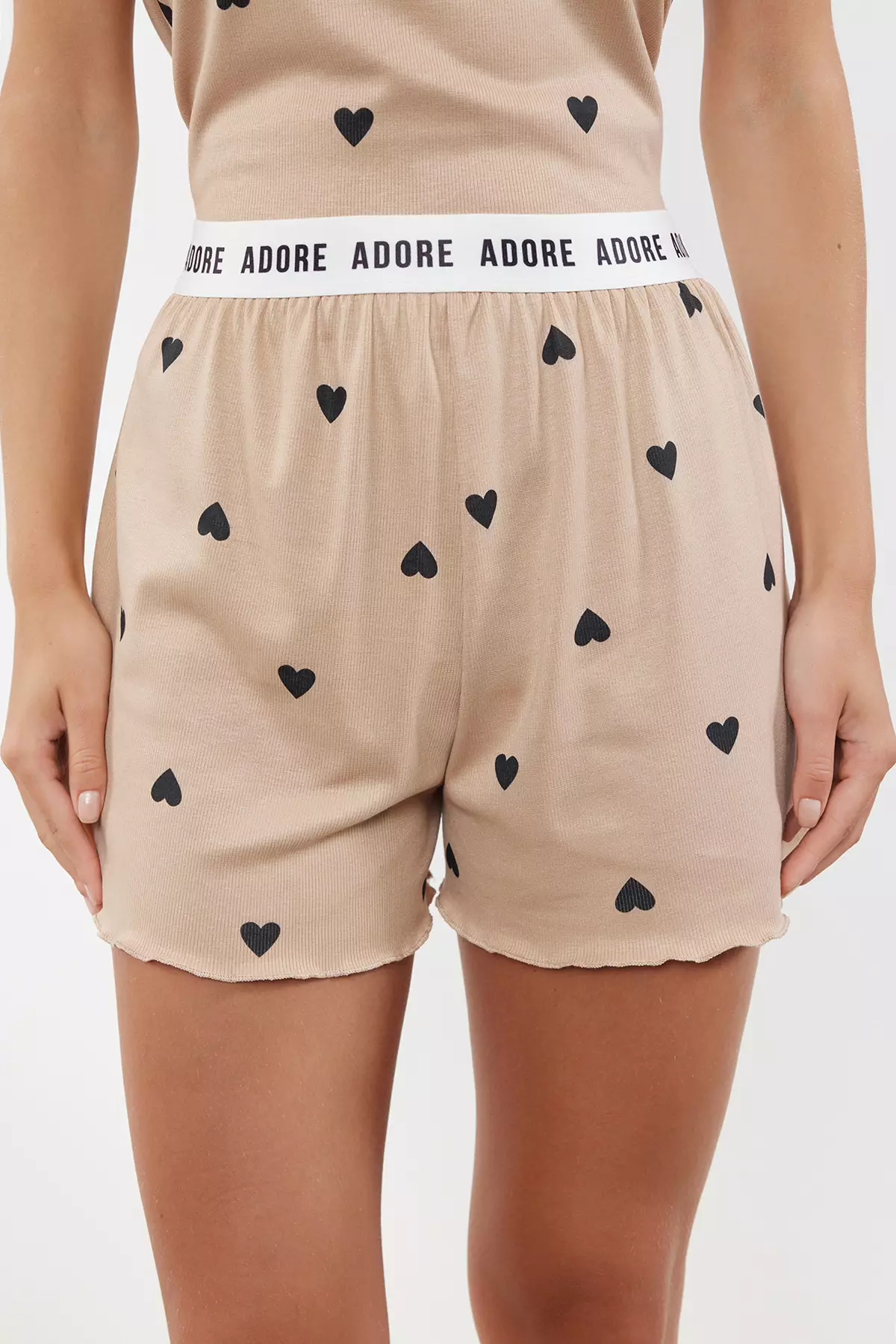 Beige Heart Slogan Printed Elastic Ribbed Shorts Knitted Pajama Set THMSS24PT00220