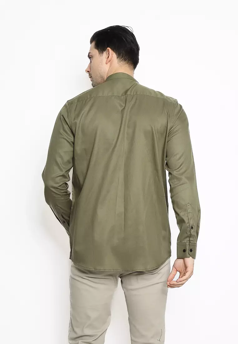 MAGINOT Kemeja Pria KOKO Basic Polos Lengan Panjang DARK OLIVE