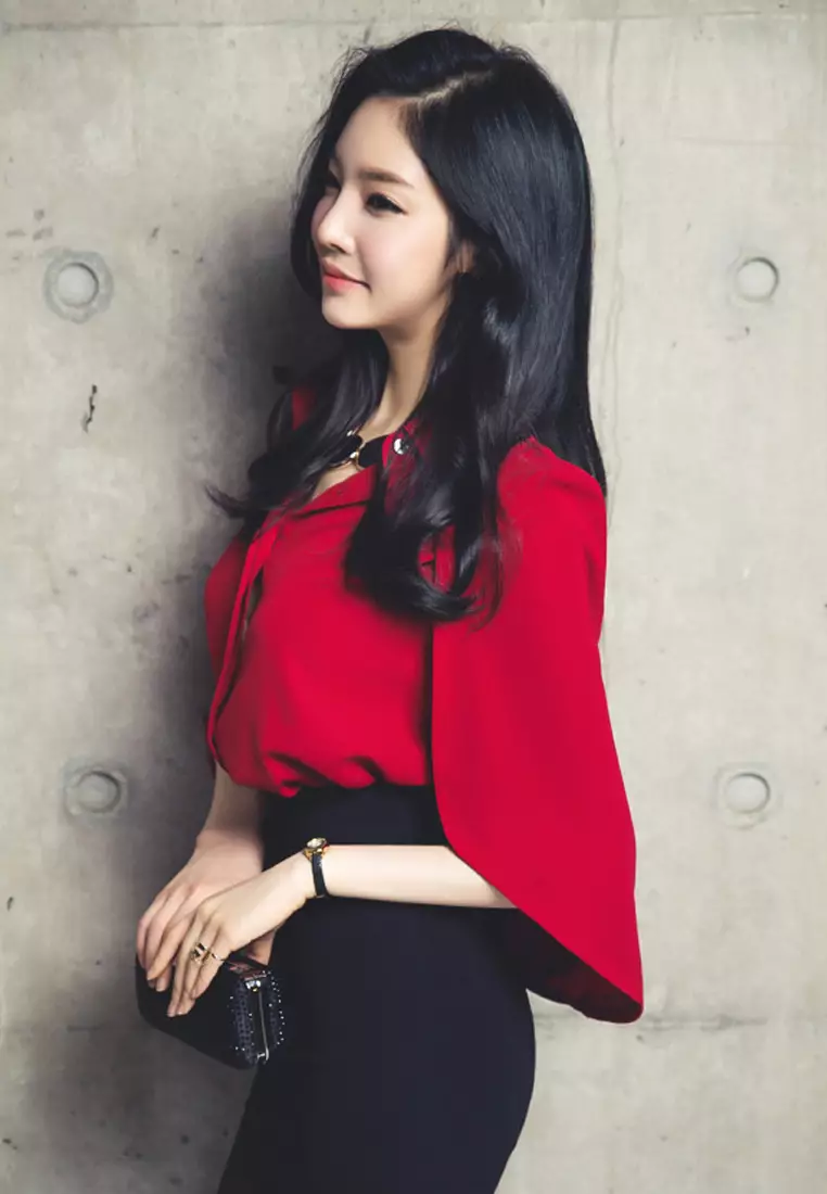 Red Chiffon Cape Shawl Button Down Top A083118