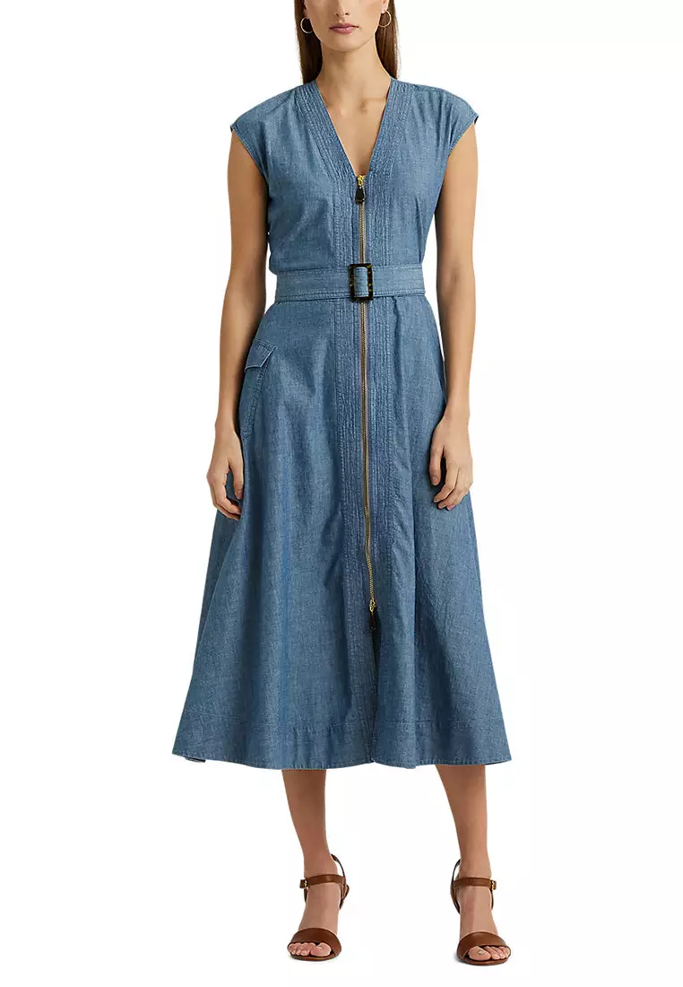 Lauren Ralph Lauren Belted Denim Cap-Sleeve Dress