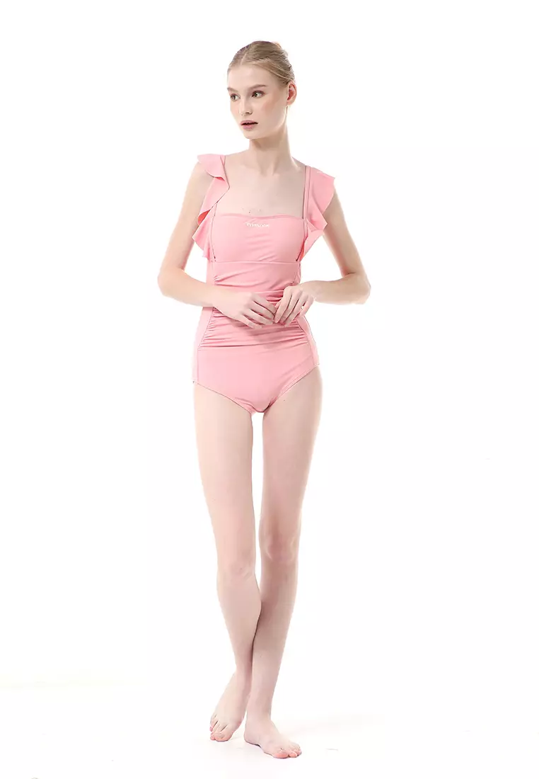 Azrina Baju Renang One Piece Wanita Short Sleeve Motif Polos High Quality - Pink