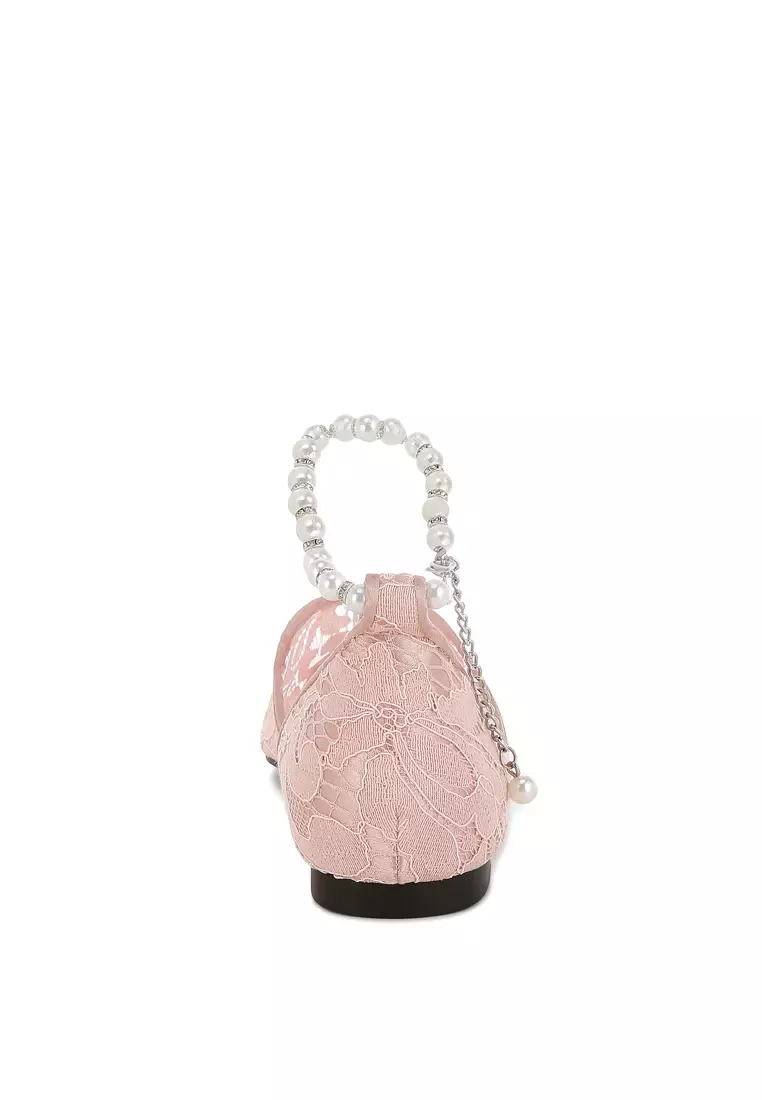 Pearl & Rhinestone Strap Flat Sandals in Blush