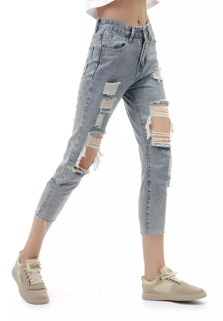 Jourel Celana Panjang Wanita HW Robek Cropped Material Jeans ORIGINAL