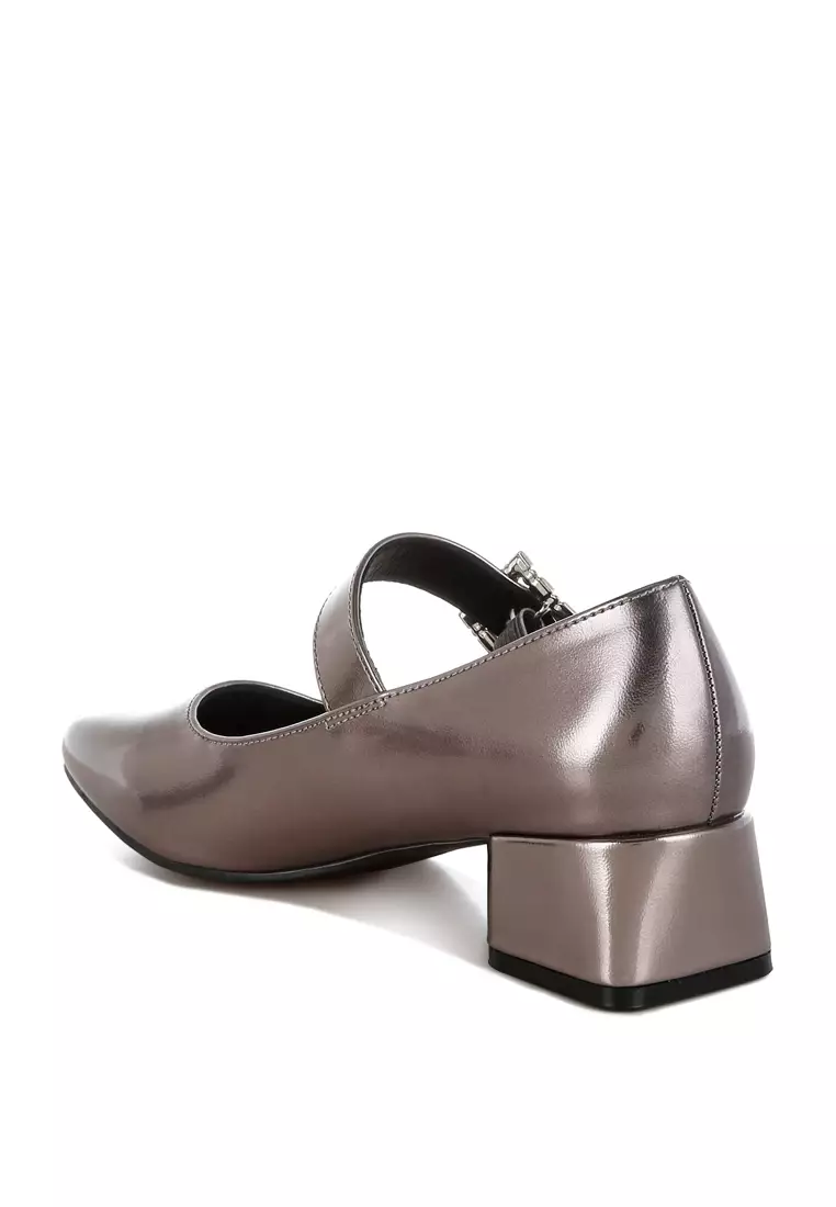 Diamante Brooch Metallic Mary Jane Pumps In PEWTER