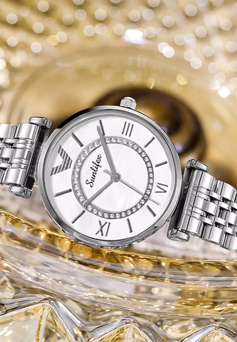 Jam Tangan Wanita Kuarsa Tali Stainless Steel Berlian Anggun Santai Jam Tangan Cewek silver white