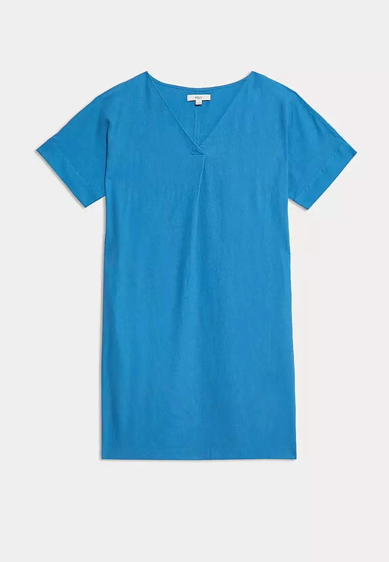 Linen Rich V-Neck Mini Shift Dress