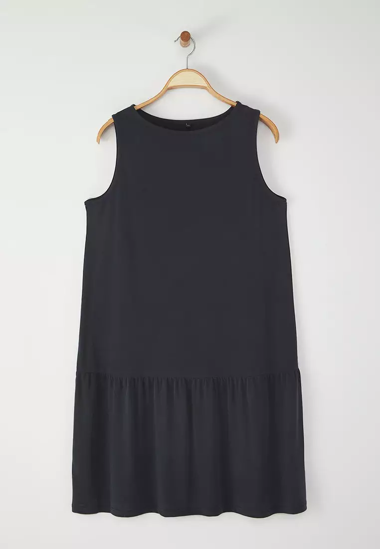 Anthracite Flowy Comfortable Modal Jersey Knit Plus Size Dress Tbbss25Ah00138