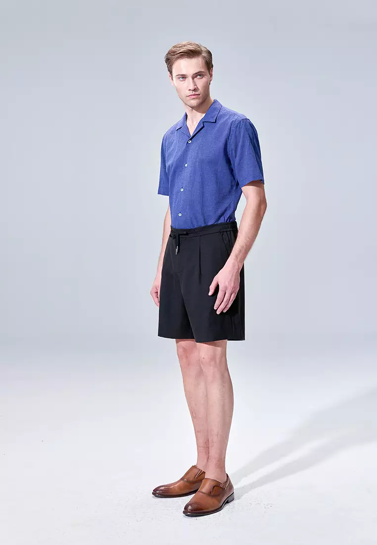 Black Linen Blend Drawstring Casual Shorts