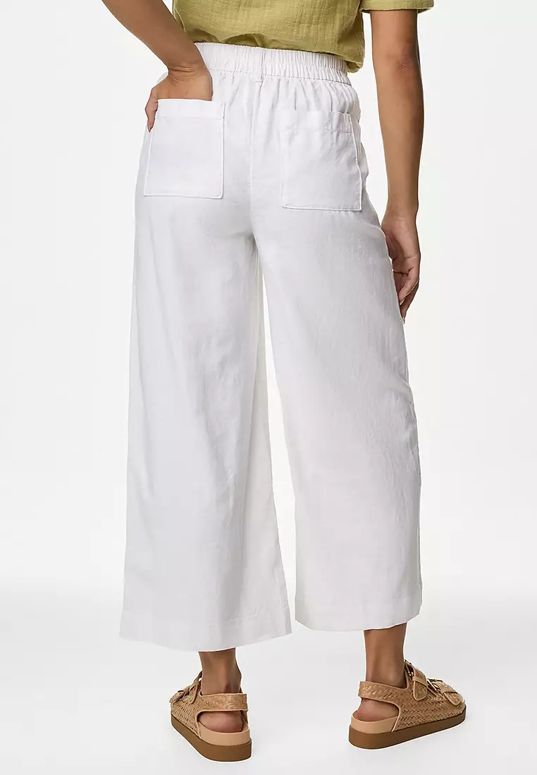 Linen Rich Wide Leg Cropped Trousers