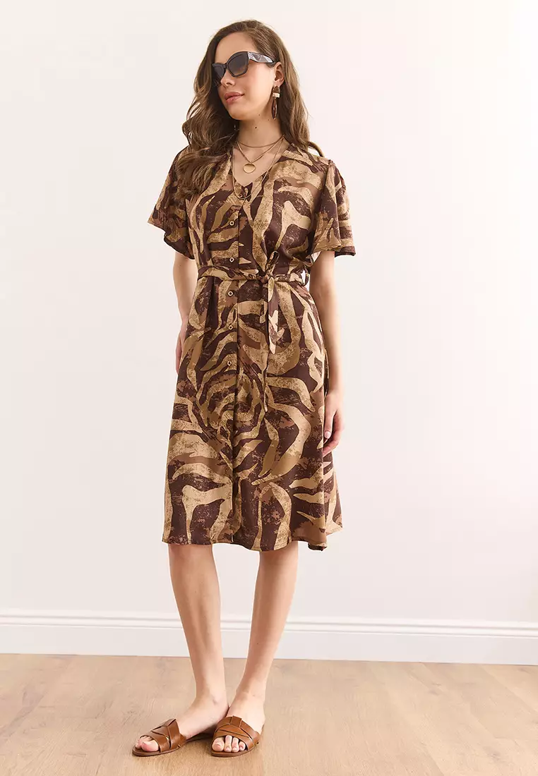 V-Neck Belted Shirt Dress