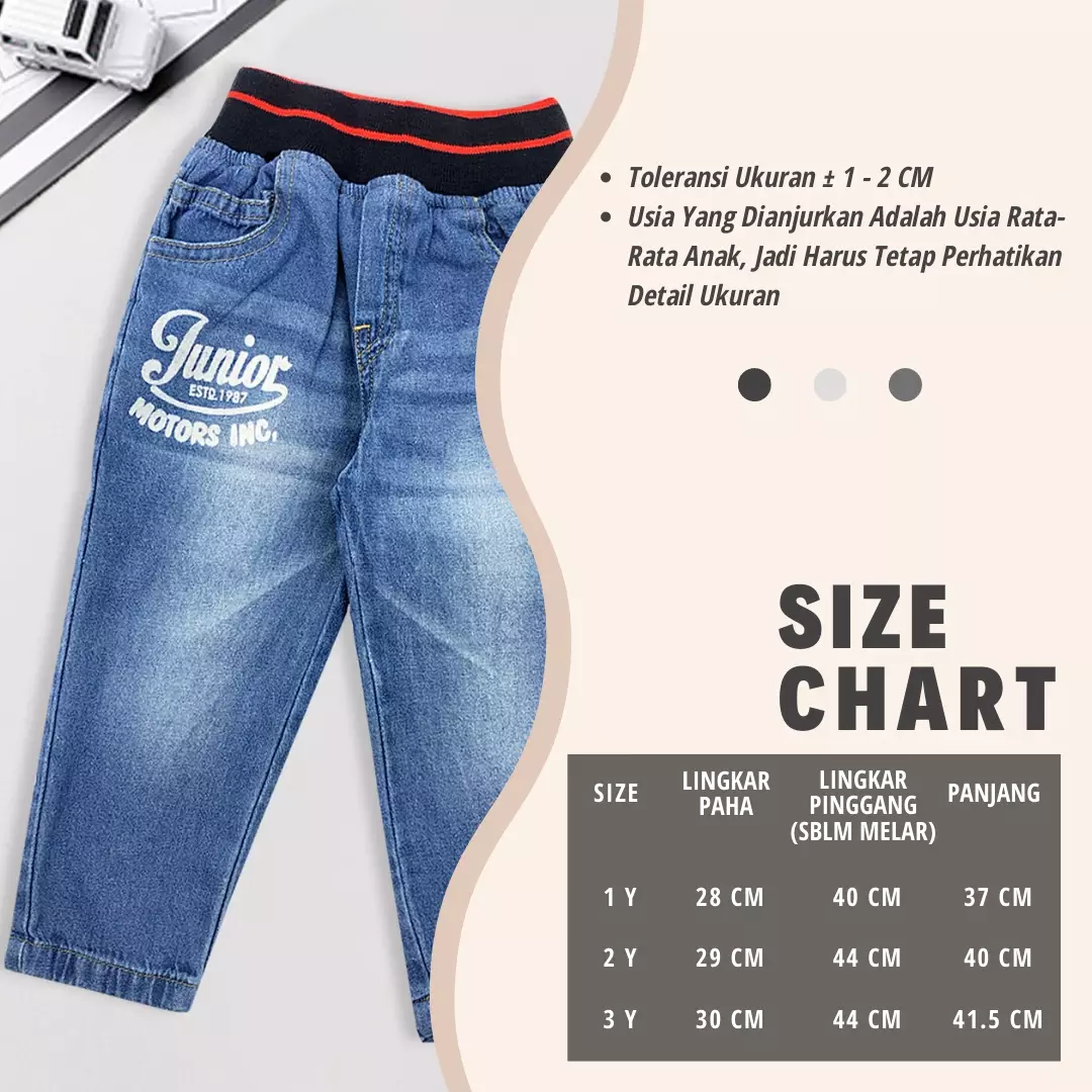 Wakakids Celana Jeans Panjang Anak Laki Laki Usia 1 Tahun Hingga 3 Tahun Karet Rib Salur Motif Junior Motor Inc 035