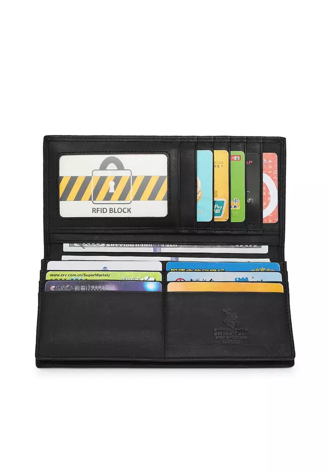 Men's Genuine Leather RFID Blocking Long Wallet - Black