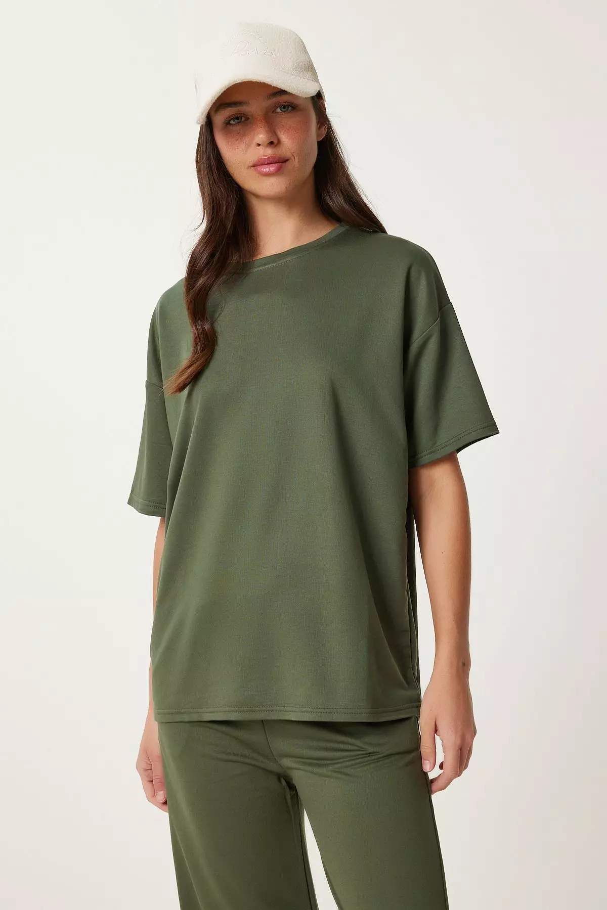 Women's Khaki Crew Neck Knitted Bottom-Top Suit Zv00293