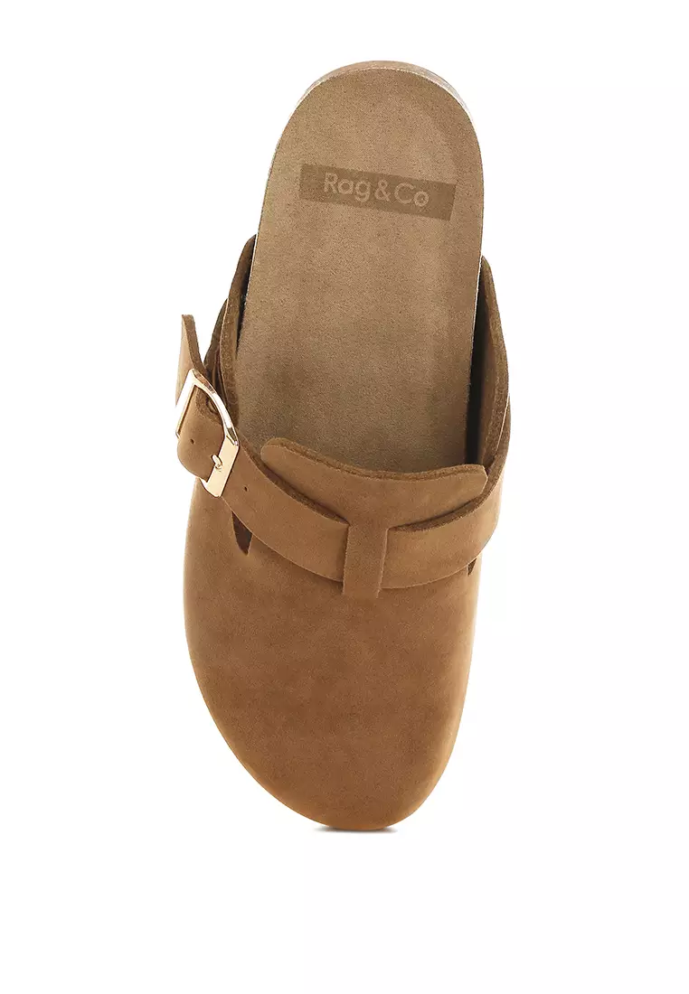 Buckle Accent Slip-On Footbed Mules in Tan