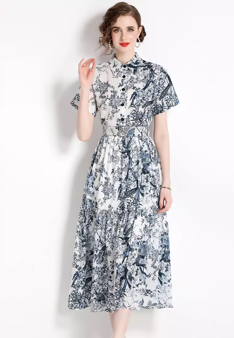 2025 S/S 氣質中國風印花收腰連身裙 A23022401