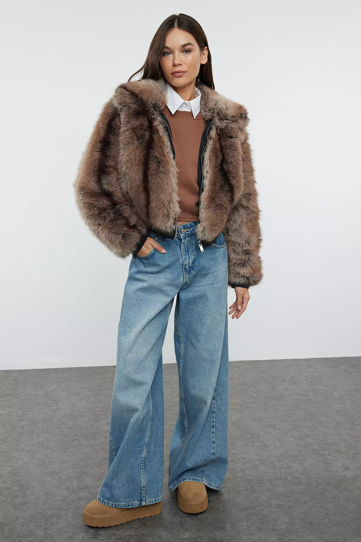 Brown Oversize Molded Elastic Detailed Bomber Fur Coat