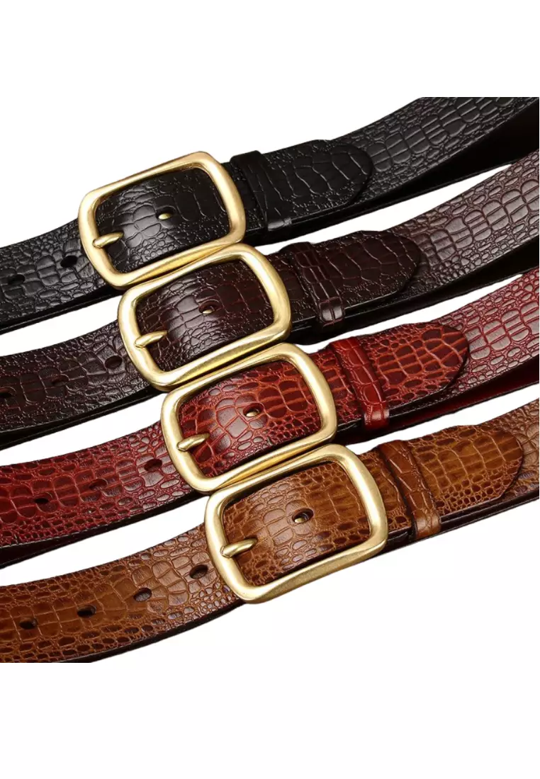 Retro crocodile embossed leather pin buckle belt