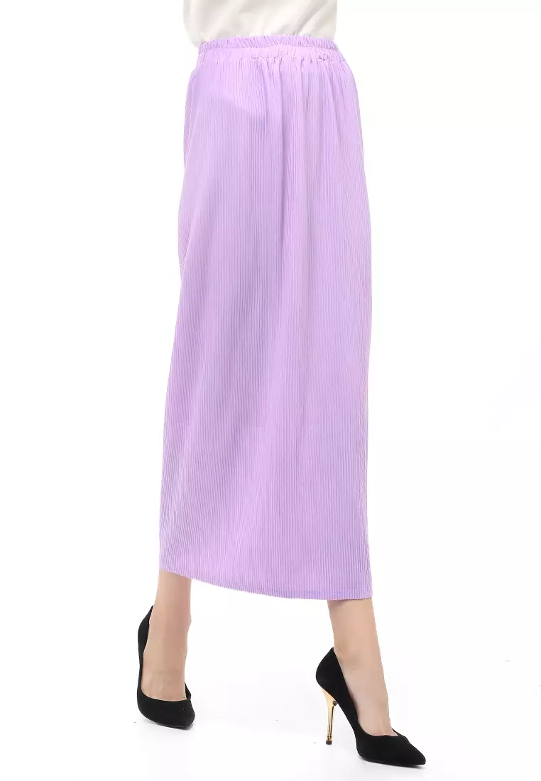 Rok Span Bawahan Wanita Motif Salur Skirt Rubbery Waist Casual - Lilac