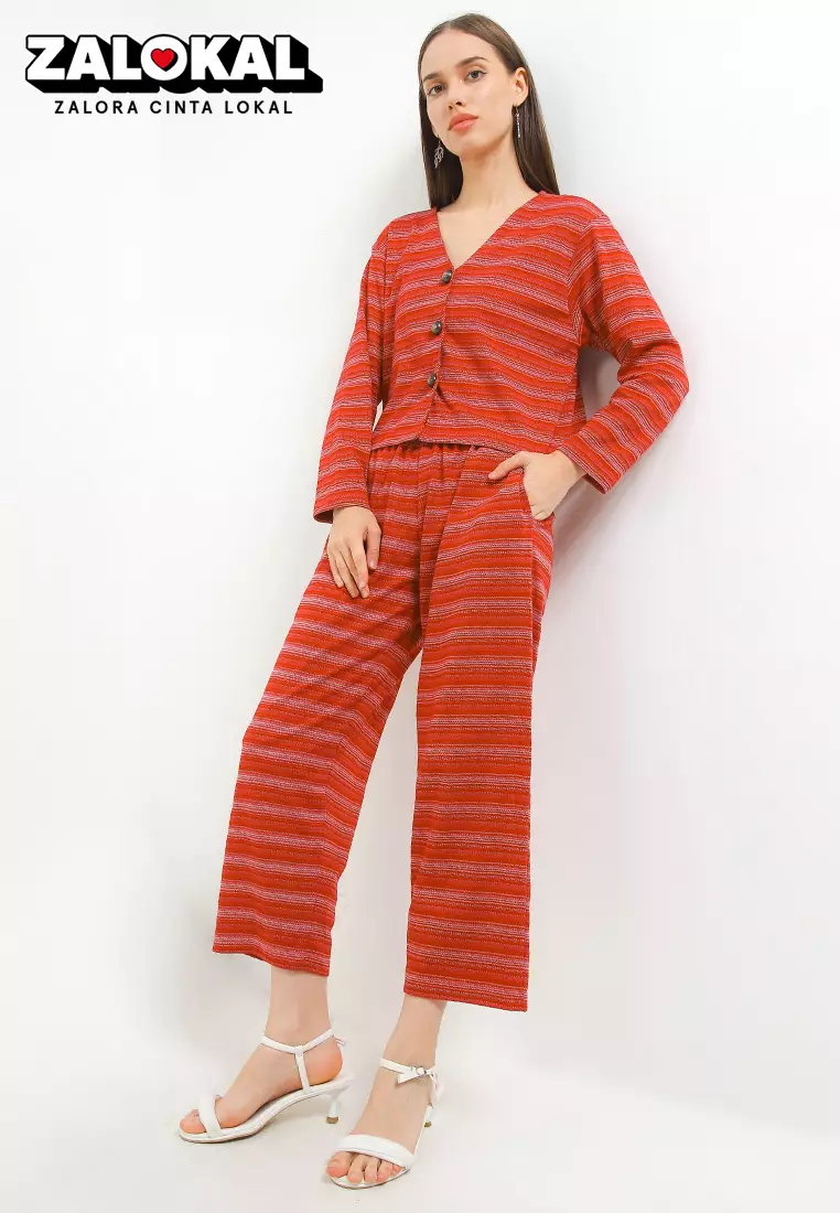 Atasan Bawahan Set Stripe Lengan Panjang Celana Panjang