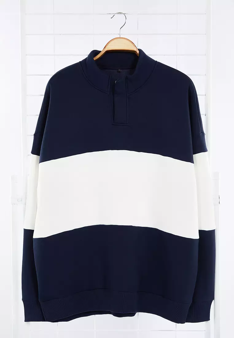 Navy Blue Oversize/Wide Cut Stand Collar Color Block Fleece Inside Plus Size Sweatshirt TMNAW25AO00033