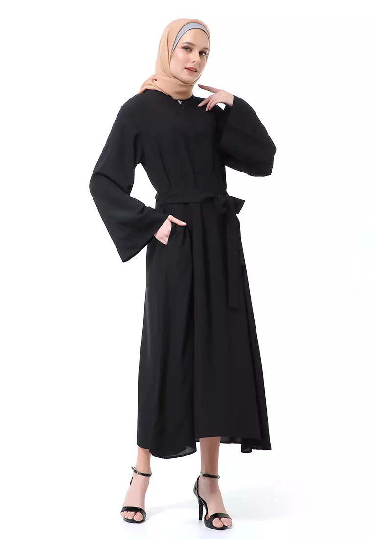Khalisa Aiza Long Abaya Gamis Self Tie Belt Premium High Quality - Black