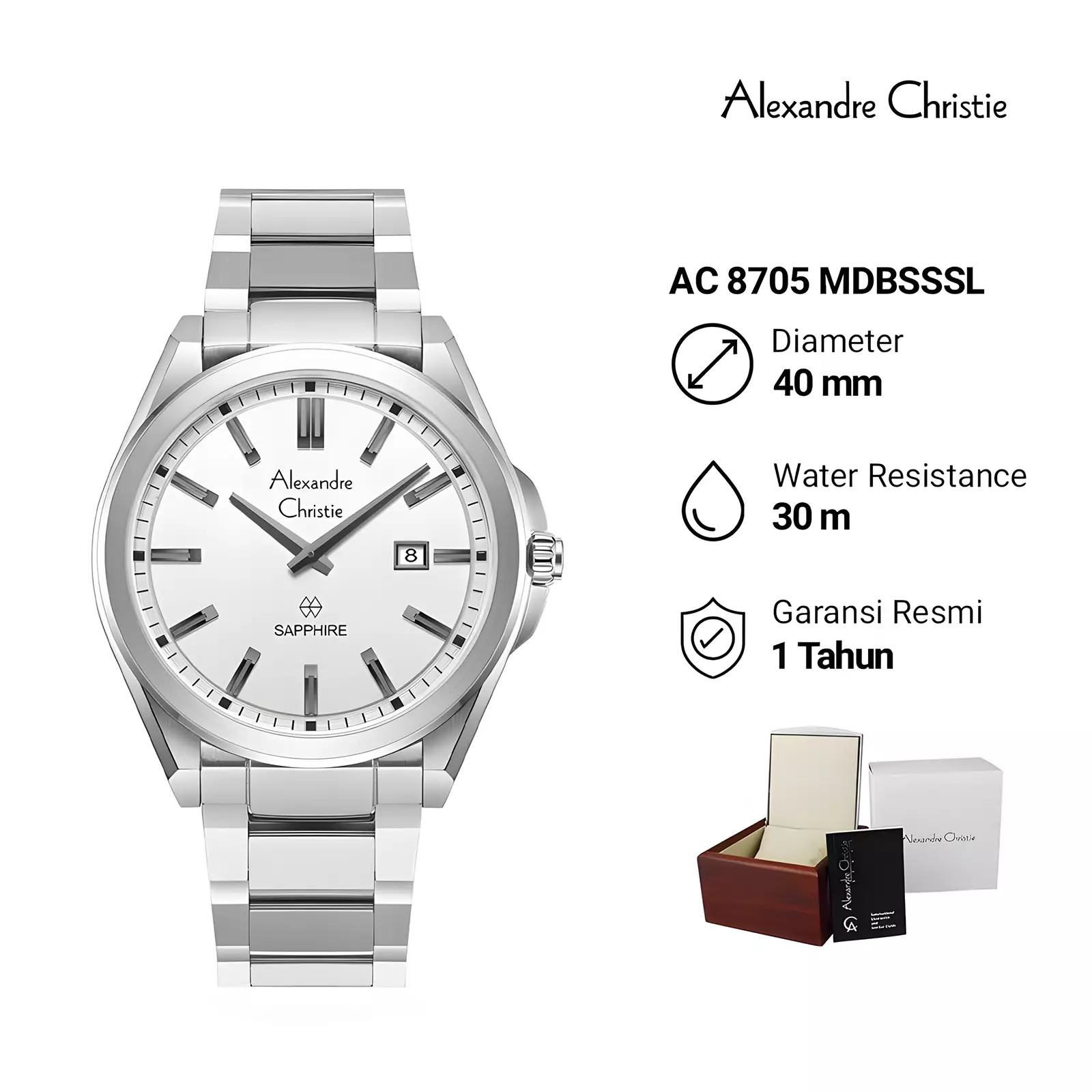 Alexandre Christie Sapphire Glass - Jam Tangan Analog Pria - Silver - Stainless Steel - 8705 MDBSSSL