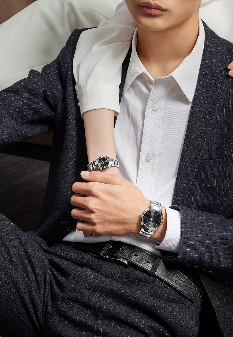 Jam Tangan Couple 9090-M+SL9090-W Stainless Steel Berlian Anti Air Analog Bisnis Kuarsa Jam Tangan Wanita/Pria silver black