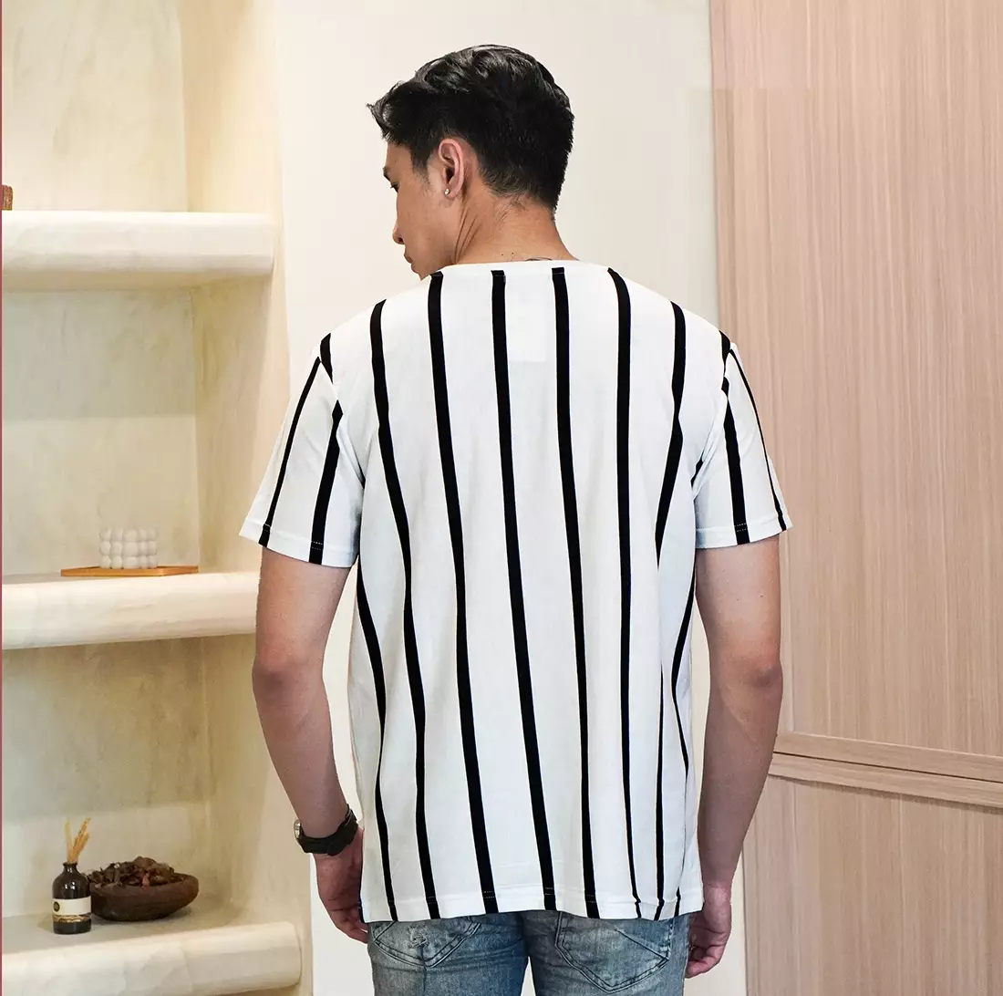 Matsuda T Shirt Pria Kaos Stripe Tsuru White