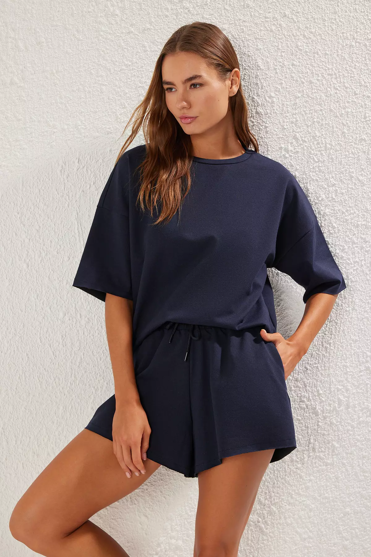 Navy Blue Oversize/Wide Pattern Thin Flexible Shorts T-Shirt Knitted Top Bottom Set