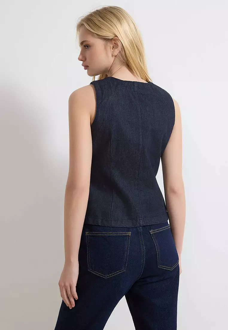 Dark Blue Button Detailed Fitted 1% Cotton Denim Vest Twoss26Ye4