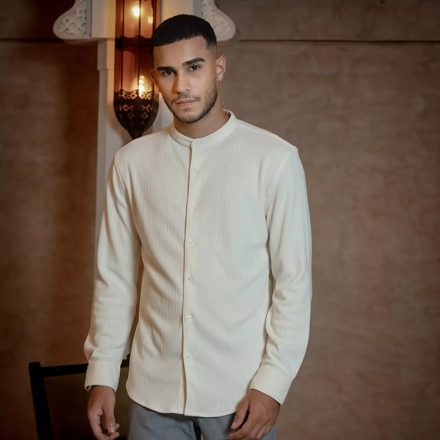 OXCON Kemeja Tangan Panjang Koko Knit Malik Collarless Shirt Ivory