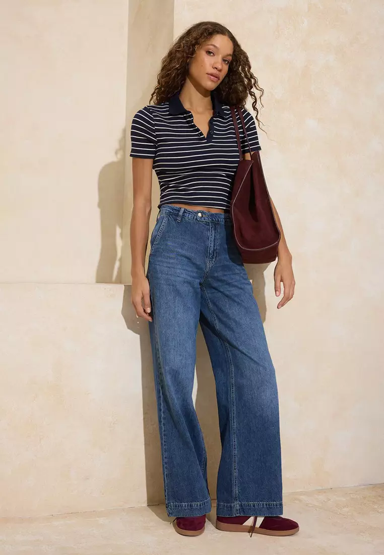 Dark Blue Drape Waist Detailed High Waist 1% Cotton Wide Leg Jeans Twoss26Je61