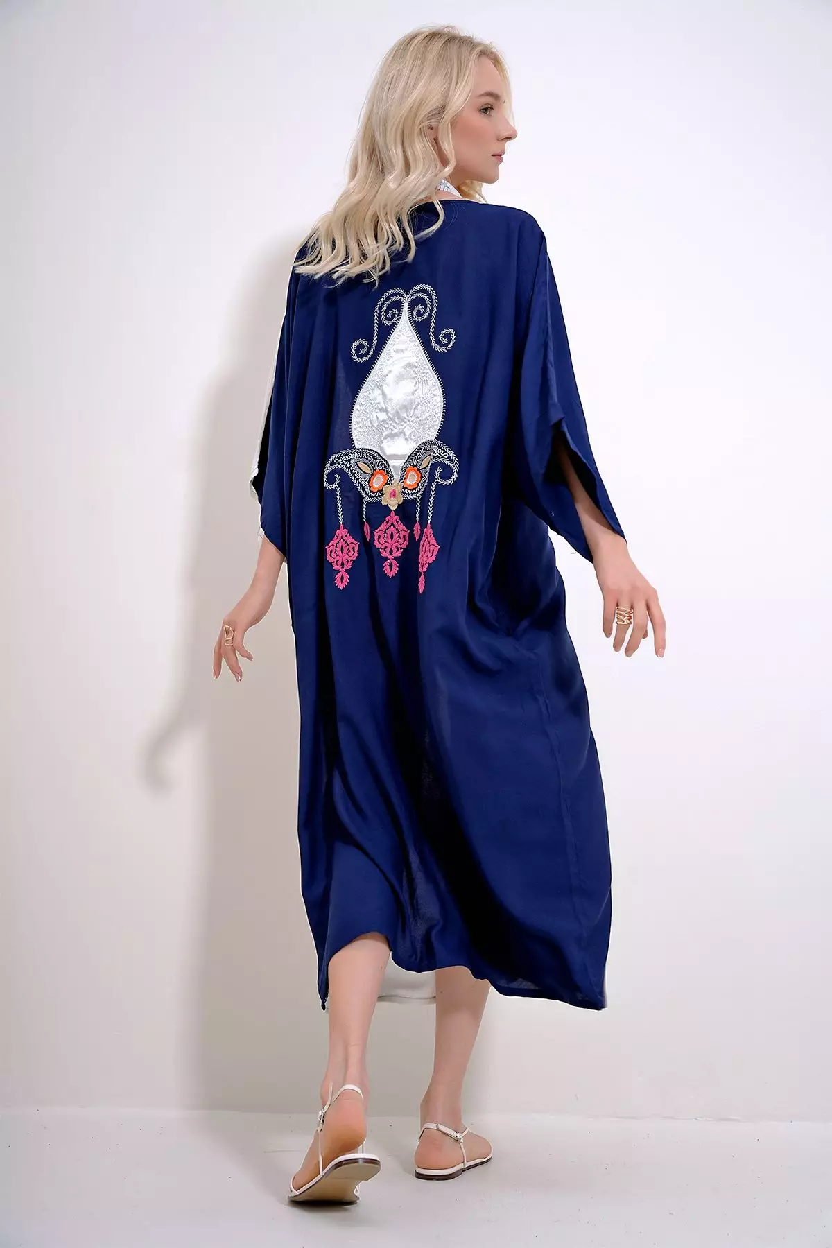 Women's Navy Blue-White V-Neck Front Buttoned Color Blocked Back Embroidered Woven Viscose Dress Alc-X11998