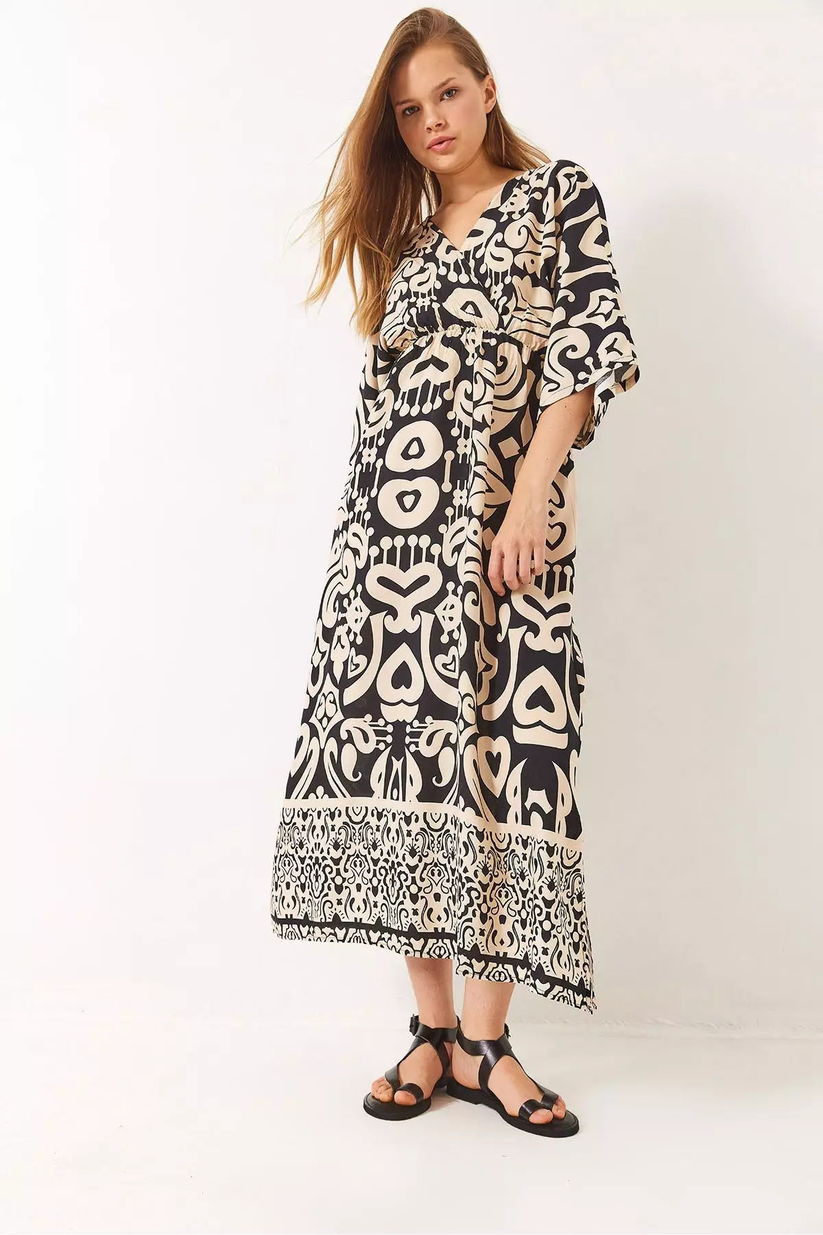 Women's Double Breasted Collar Patterned Slit Detail Woven Viscose Dress 60284018