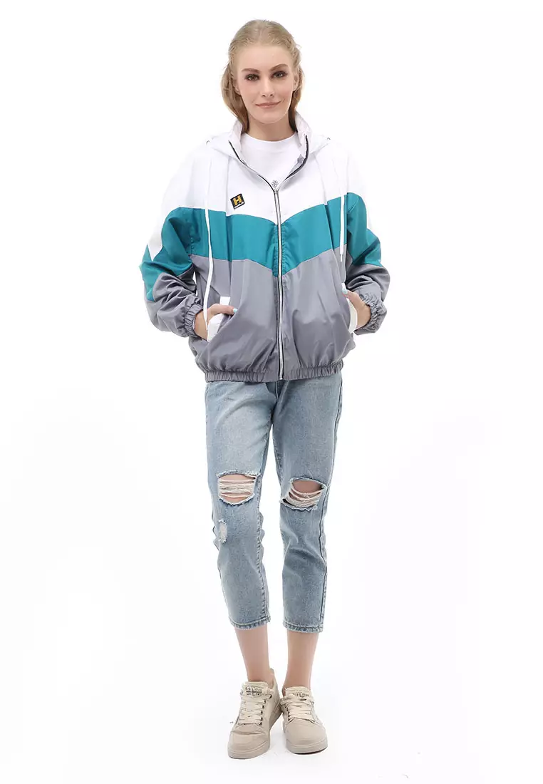 Hardwin Jacket Outer Wanita Hoodie Kombinasi 3 Warna Material Parasut Despo ORIGINAL - White Tosca Gray