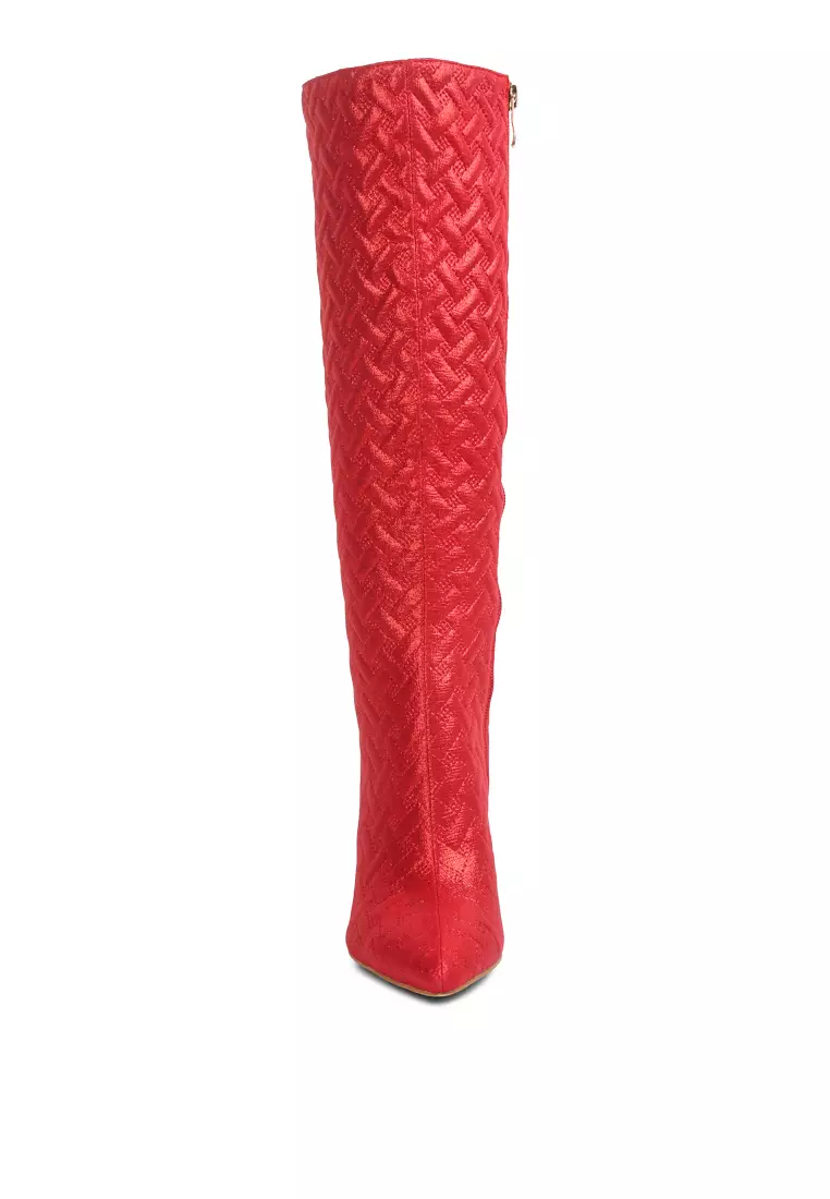 Red tinkles quilted high heeled calf boots