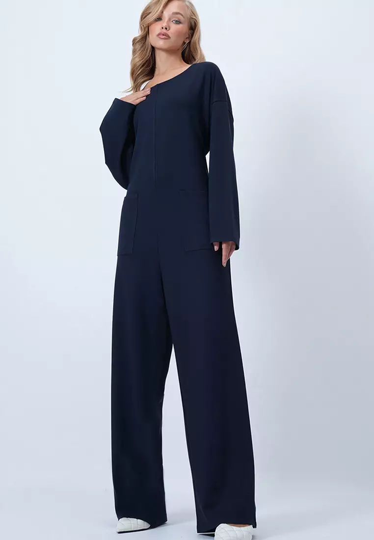 Crew Neck Back Zippered Relaxed Cut Jumpsuit