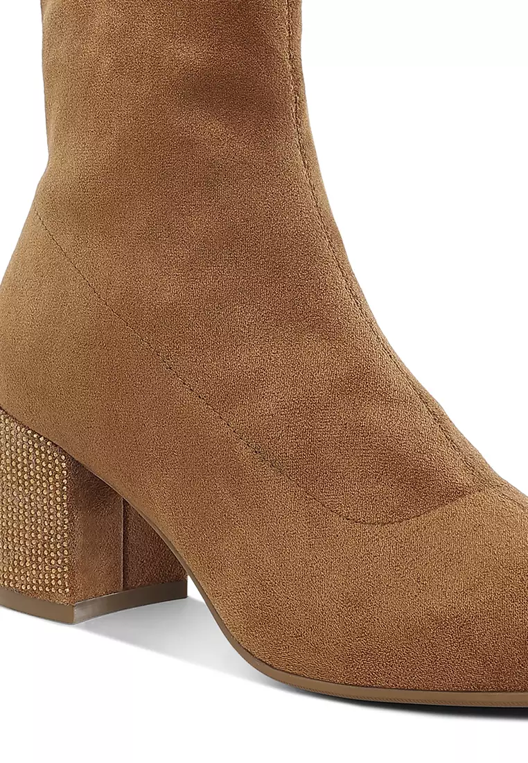 黃褐色水鑽裝飾粗跟靴