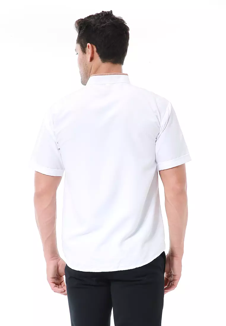 Leopold Kemeja Koko Pria Lengan Pendek Motif Bordir Material Cotton ORIGINAL - White