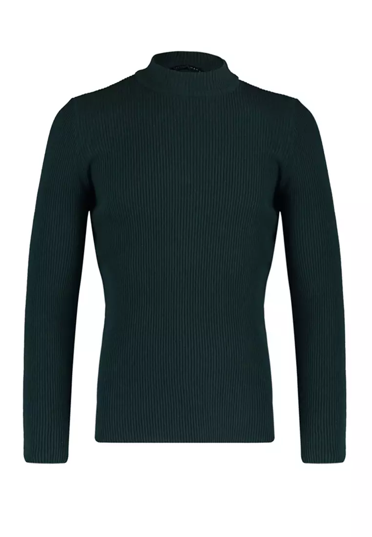 Slim Fit Buttoned Polo Neck Corduroy Knitted Sweater