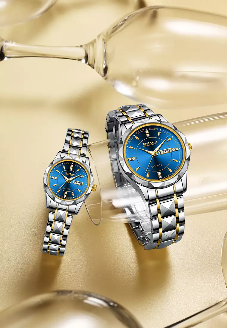 BIDEN Jam Tangan Couple Pasangan Anti Air Original Kalender Bercahaya Luminous Stainless Steel Analog Couple Watch Biru